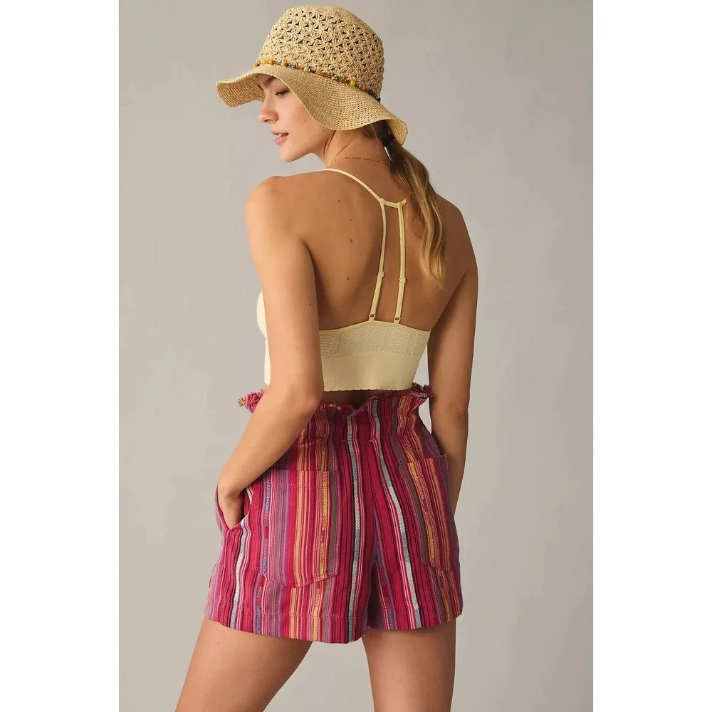By Anthropologie Tasseled Paperbag Pink Stripe Shorts Size Large